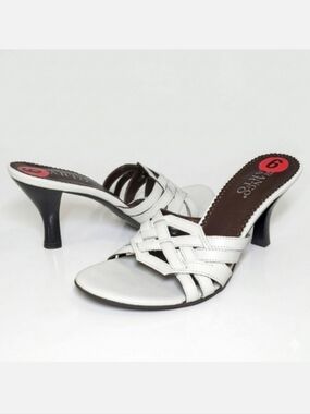 Franco Sarto White Woven Leather Mules Square Toe Kitten Heel Sandals Size 6